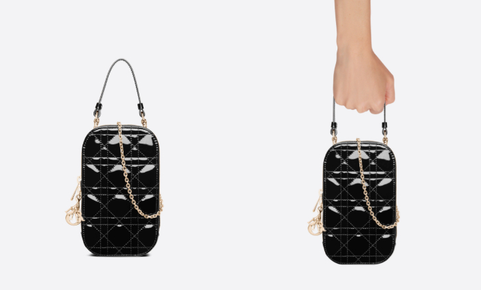 2022 DIOR加價|LADY DIOR 手機收納袋黑色漆皮 Cannage 藤格紋圖案小牛皮現價:$8,950 2022 DIOR加價|LADY BOOK TOTE系列